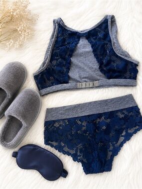 Gapbody - Women's Navy Lace Bralette and Brief Set - Comfortable Racerback